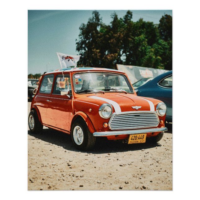 Coche rojo mini cooper con poster de jack de unión (Anverso)