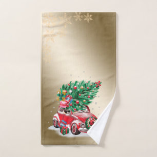 Coche Rojo Pino Regalos Navidad, Copos de Nieve