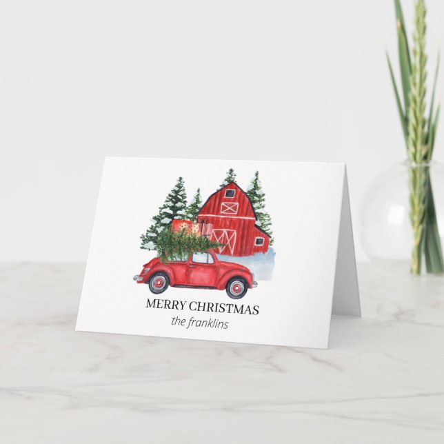 Coche Rojo Rústico Árbol de Navidad Granero Nieve  (Anverso)