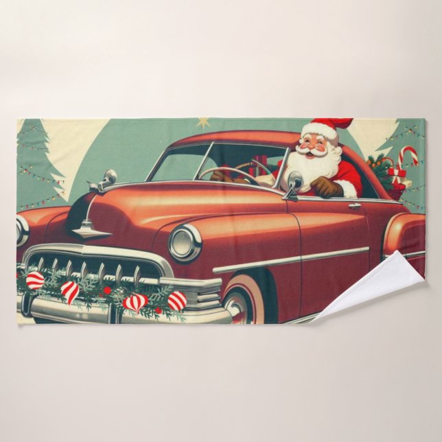 Coche rojo vintage y Santa (Toalla de baño)
