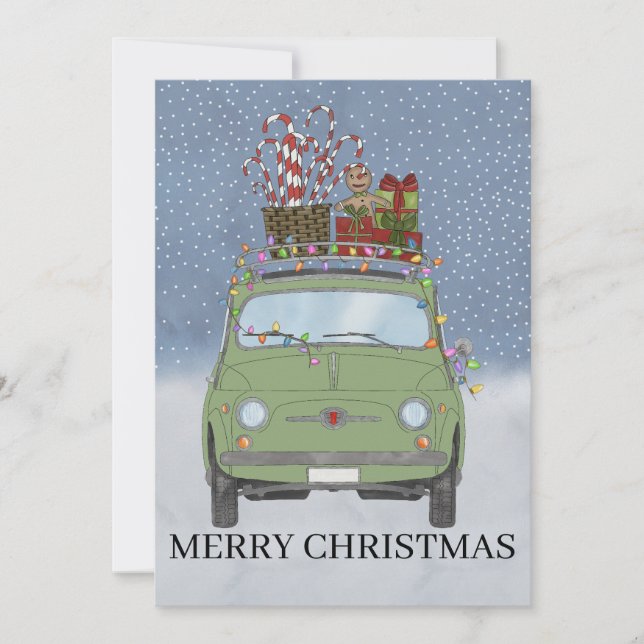 Coche verde con regalo de Navidad Tarjeta de vacac (Anverso)