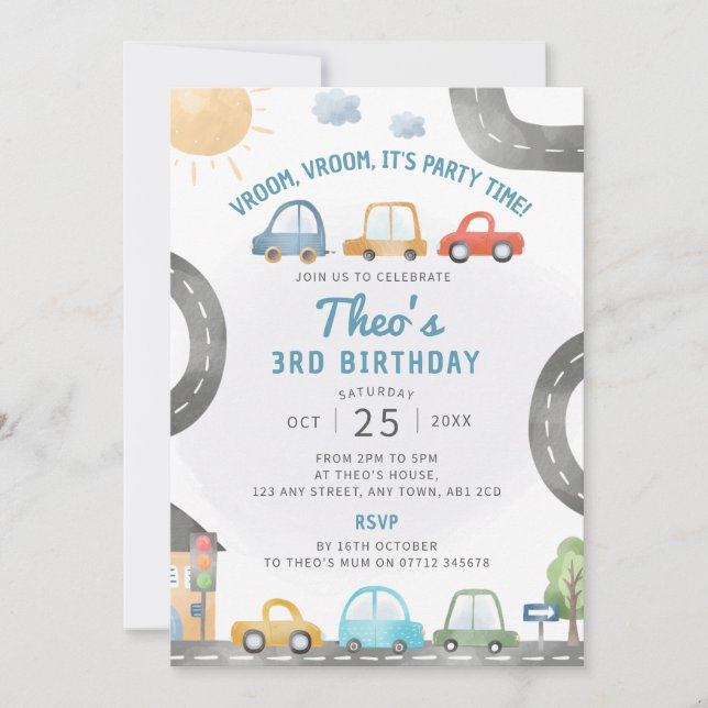 Coches Día de cumpleaños Invitación a transporte T (Anverso)