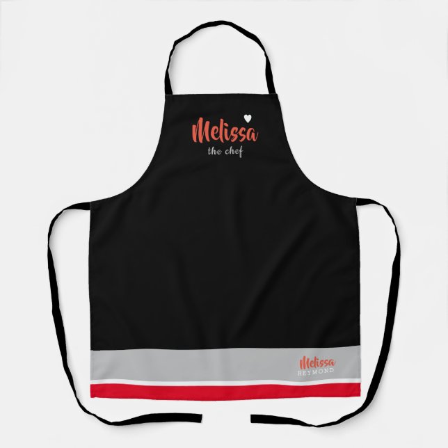 cocina de chef delantal negro con su nombre (Anverso)