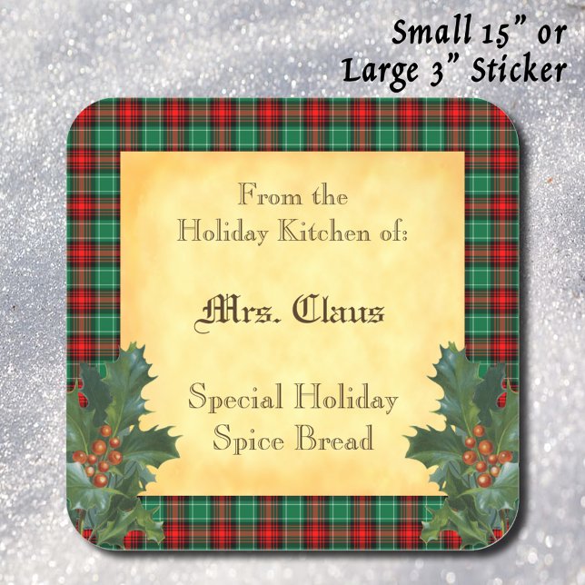 Cocina de vacaciones del Pegatina de horneado de c (Holiday Red Green Plaid with Holly 'Holiday Kitchen of' sticker)