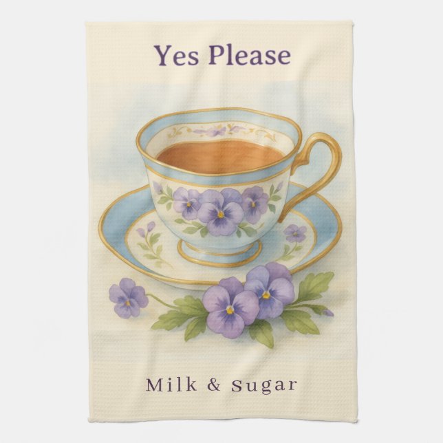 Cocina Pansy Teacup Paño de Té | Yes Please Leche y Azúca (Vertical)