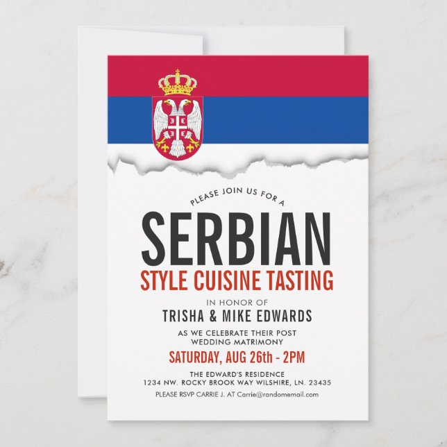 Cocina serbia | Invitación blanca con marca de fie (Anverso)