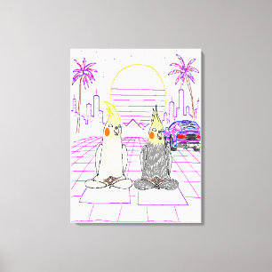 "Cockatiels Vaporwave Atardecer Retro Impresión en