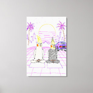 "Cockatiels Vaporwave Atardecer Retro Impresión en