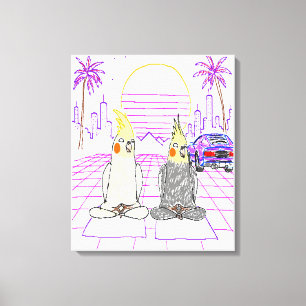 "Cockatiels Vaporwave Atardecer Retro Impresión en