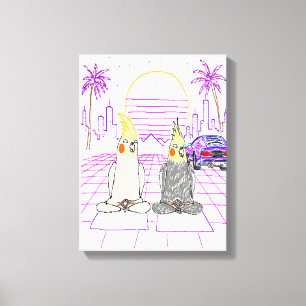 "Cockatiels Vaporwave Atardecer Retro Impresión en