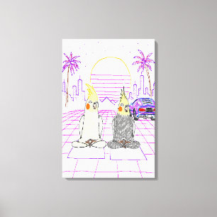 "Cockatiels Vaporwave Atardecer Retro Impresión en