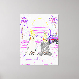 "Cockatiels Vaporwave Atardecer Retro Impresión en