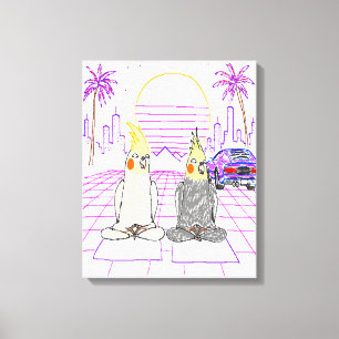 "Cockatiels Vaporwave Atardecer Retro Impresión en