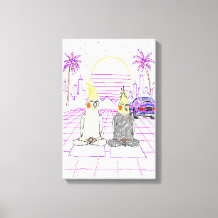 "Cockatiels Vaporwave Atardecer Retro Impresión en