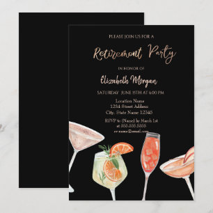 Cocktails acuarela Invitación a la Jubilación Negr