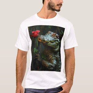 Cocodrilo sonriente sostiene una camiseta Rosa Per