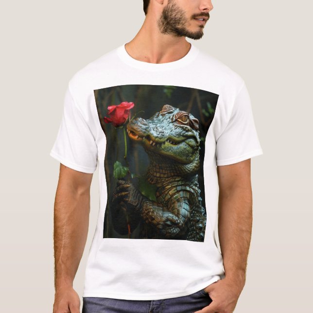 Cocodrilo sonriente sostiene una camiseta Rosa Per (Anverso)