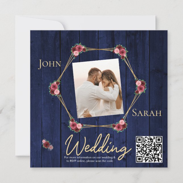 Código QR de Foto de Boda Simple Burgundy Azul Mar (Anverso)