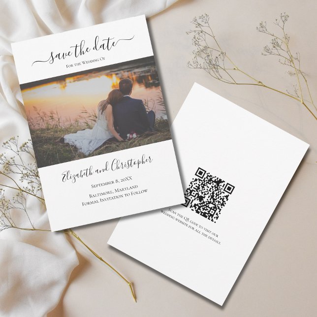 Código QR de foto para guardar la fecha de la boda (Photo QR Code Modern Calligraphy Trendy Wedding Save the Date. )