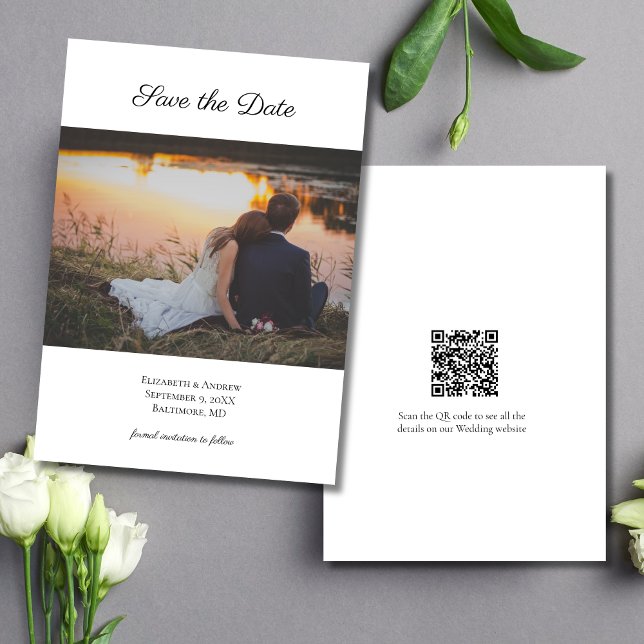 Código QR de foto Tarjeta de guardar la fecha de l (Photo QR Code Modern Elegant Wedding Save the Date Card)