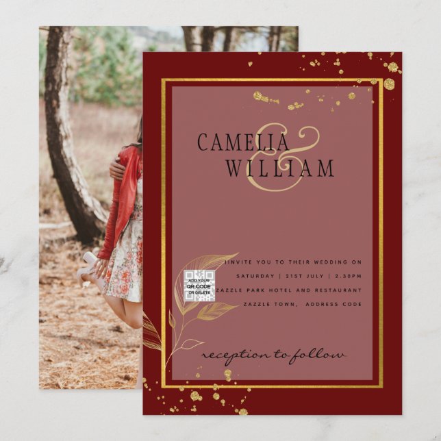 Código QR de Invitación de Boda con Foto de Borgoñ (Anverso / Reverso)