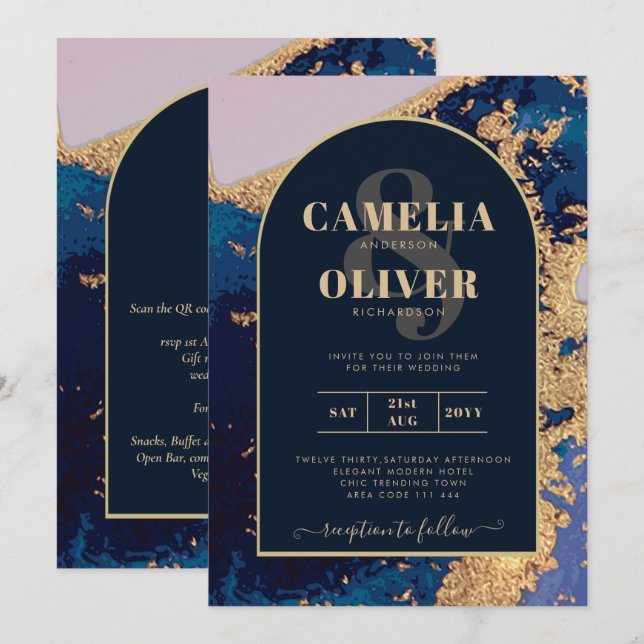 Código QR de invitación de boda de oro azul de Aga (Anverso / Reverso)