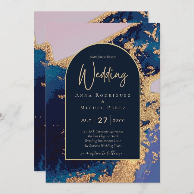 Código QR de invitación de boda de oro azul de Aga (Anverso / Reverso)