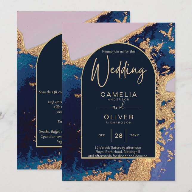 Código QR de invitación de boda de oro azul de Aga (Anverso / Reverso)