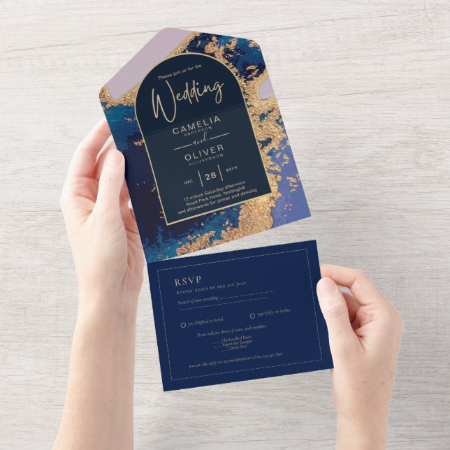 Código QR de invitación de boda de oro azul de Aga (desgarro)