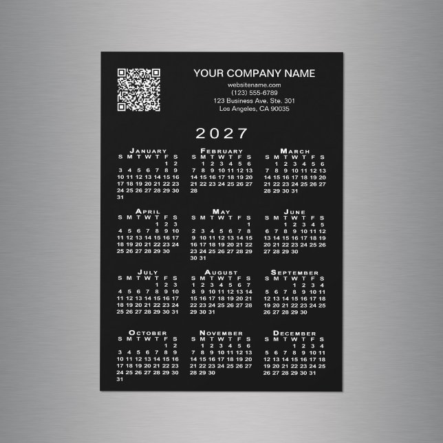 Código QR de Negocio Personalizado Calendario 2027 (Custom Business QR Code 2027 Calendar Black Magnet in situ)