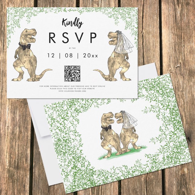 Código QR de respuesta de boda de dinosaurio (Funny T-Rex bride and groom dinosaur jungle wedding  original artwork by artist Catherine Sweetman )