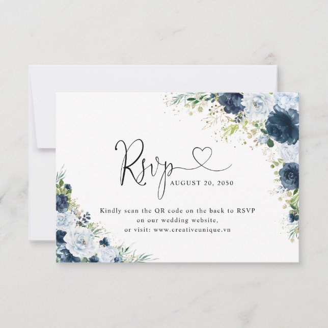 Código QR de respuesta de boda floral azul marino  (Anverso)