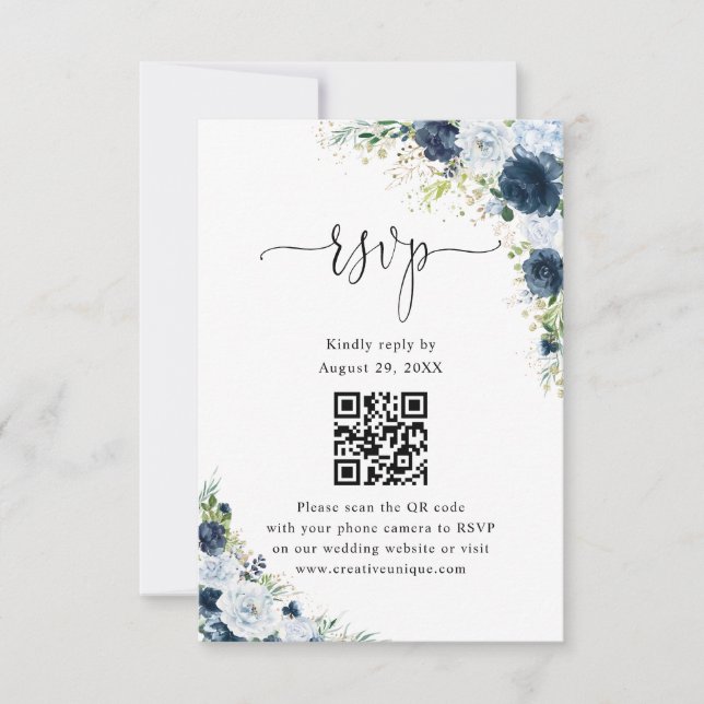 Código QR de respuesta de boda floral azul marino  (Anverso)