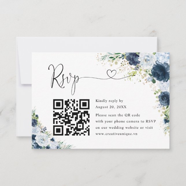 Código QR de respuesta de boda floral azul marino  (Anverso)