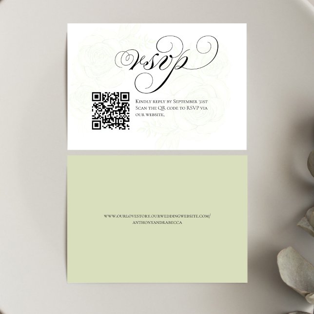 Código QR de respuesta de confirmación de boda con (Elegant script RSVP card with QR code for quick and easy wedding responses)