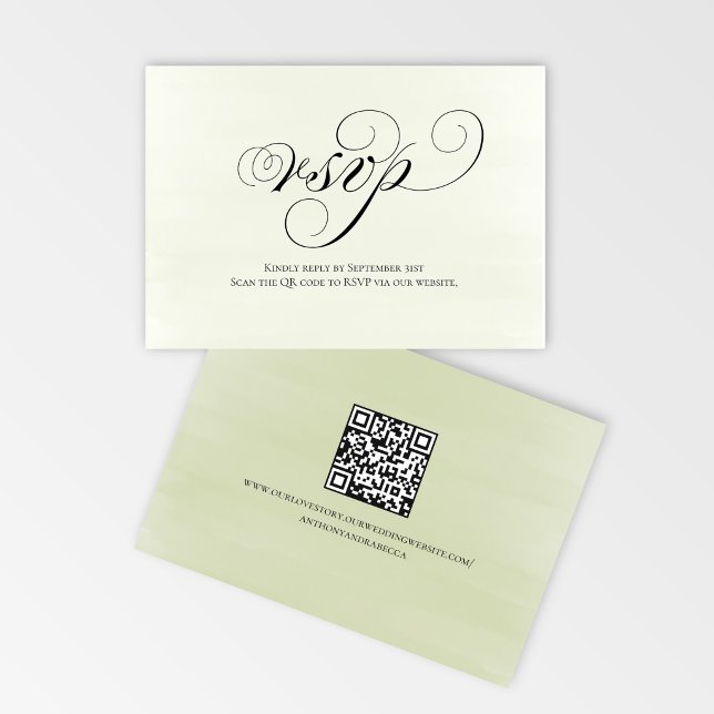 Código QR de respuesta de RSVP de boda con guión v (Sage green script RSVP card with QR code for quick and easy wedding replies)