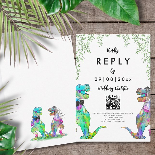 Código QR de respuesta para boda temática de dinos (T-Rex bride and groom colorful dinosaur wedding reply wedding website QR code enclosure card)