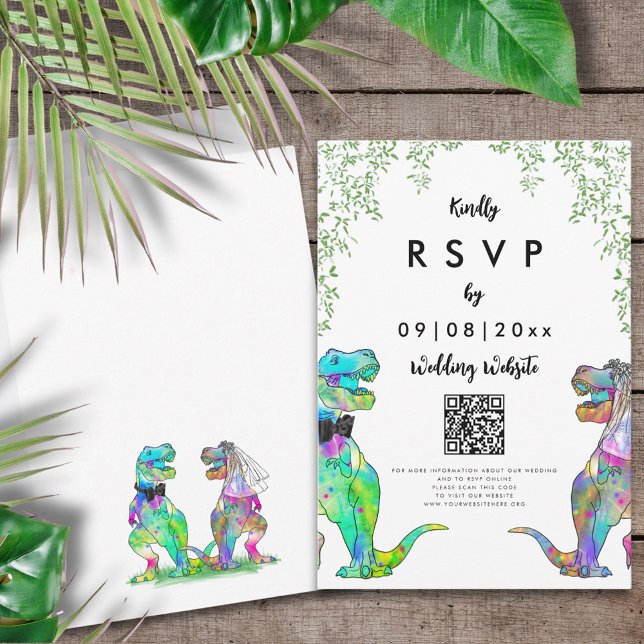 Código QR de respuesta para boda temática de dinos (T-Rex bride and groom colorful dinosaur wedding invitation RSVP enclosure card with website QR code)