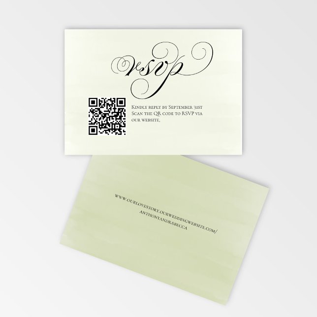 Código QR de respuesta RSVP de boda con letra eleg (Elegant script RSVP card with QR code for quick and easy wedding replies)