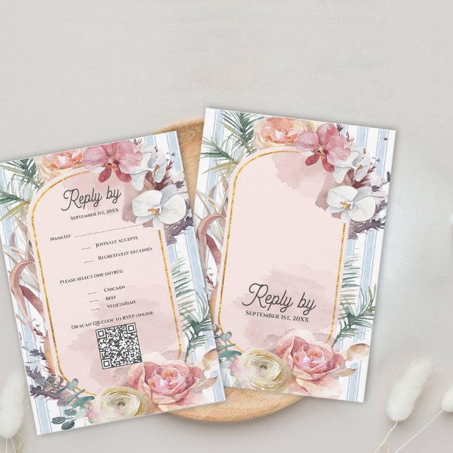Código QR de RSVP para Boda en Destino de Orquídea (Tropical Orchid QR Code RSVP Card | Blush Floral Destination Beach Wedding Response)