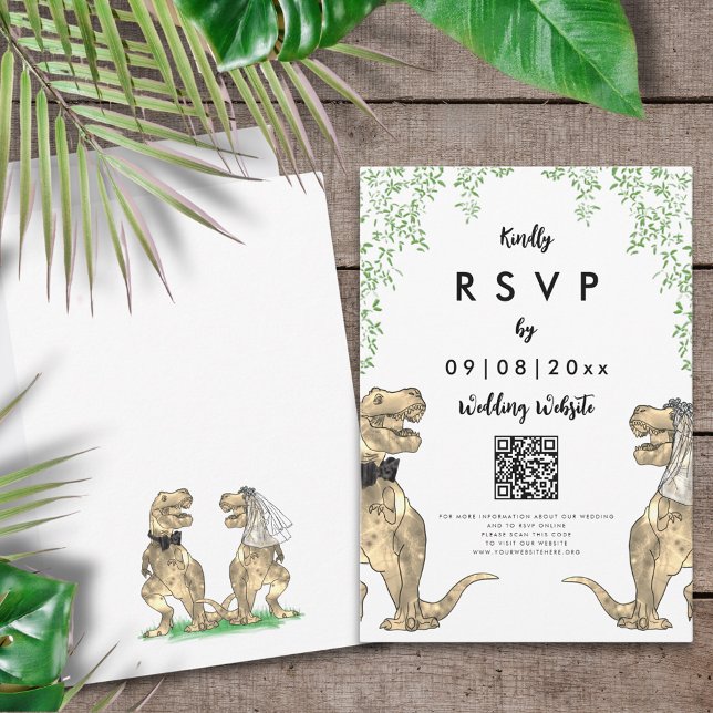 Código QR del sitio web de respuesta de Bodas de d (T-Rex bride and groom dinosaur wedding invitation online RSVP website qr code enclosure card)