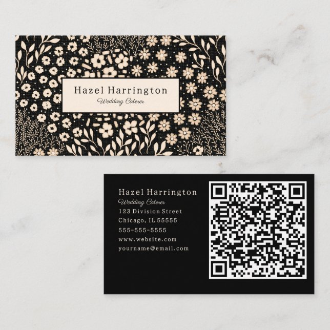 Código QR floral neutro tarjeta de visita Beige ne (Anverso / Reverso)