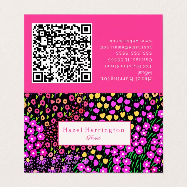Código QR floral tarjeta de visita plegada escanea (Exterior desplegado)