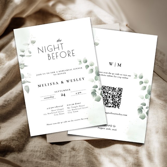 Código QR Invitación de Ensayo de Boda con Verde d (Greenery eucalyptus rehearsal invitation with qr code.)