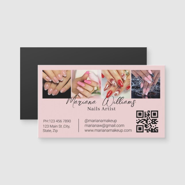 código qr nails artista 4 fotos imán de negocios r (Anverso/Reverso)