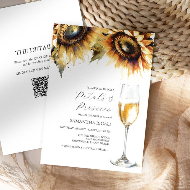 Código QR para Petales de girasol y ducha de novia (Petals and Prosecco bridal shower invitations with qr-code and sunflowers by Victoria Grigaliunas)