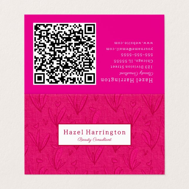 Código QR rosa caliente Floral tarjeta de visita p (Exterior desplegado)