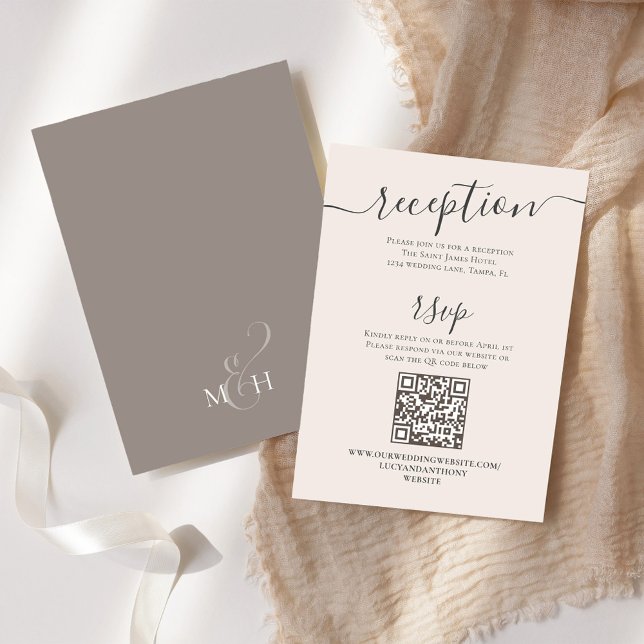 Código QR RSVP Online Rubor Recepcion Simple Taupe (Details wedding enclosure card with QR code for Online RSVP. )