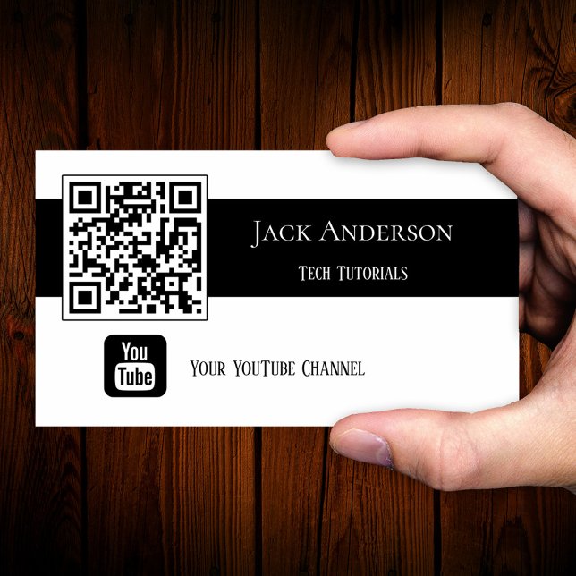 Código QR Tarjeta de presentación Vlogger en blanc (Minimalist business card featuring your photo or QR code and a YouTube logo)