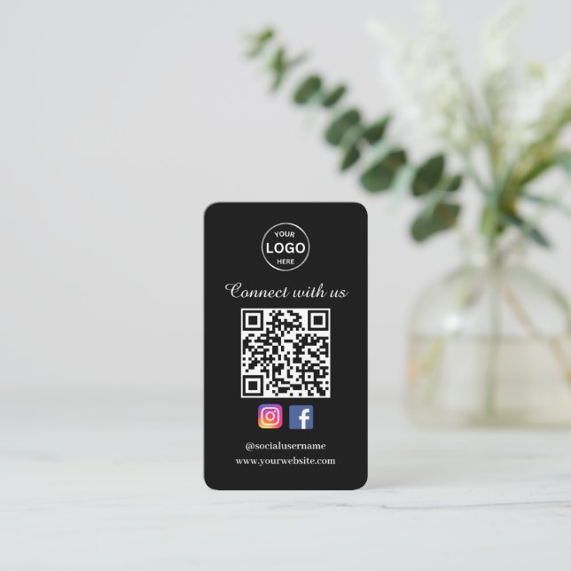 Código QR Tarjeta de visita negra para medios soci (Anverso de pie)